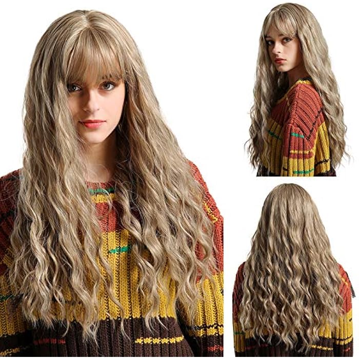 DILLARDS Emmor Long Ash Blonde Wavy Synthetic Wigs For Women - Natural Hair Middle Part With Air Bang Curly Colorful Wig, Party Cosplay Daily Use - Image 1
